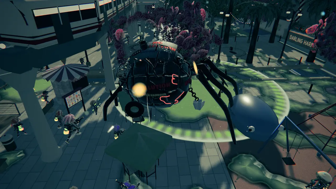 A Boss War at Darling Harbour, Sydney: fighters around Tangleback, the giant spider boss